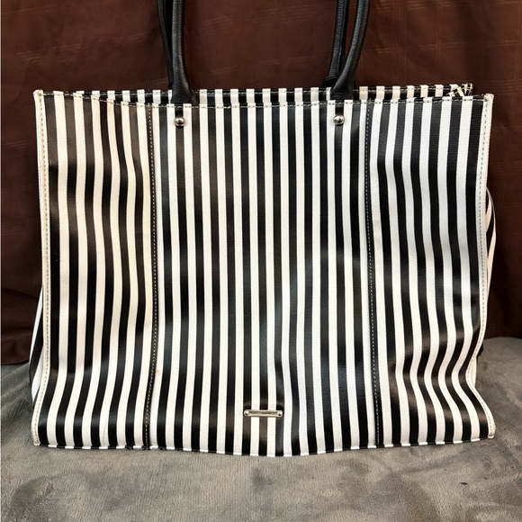 Rebecca Minkoff MAB Tote Black White Stripe Canvas Leather Handles - Picture 3 of 10